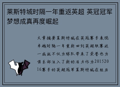 莱斯特城时隔一年重返英超 英冠冠军梦想成真再度崛起 莱斯特城时隔一年重返英超 英冠冠军梦想成真再度崛起