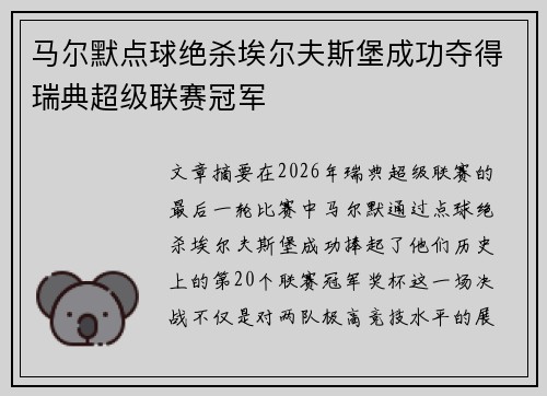马尔默点球绝杀埃尔夫斯堡成功夺得瑞典超级联赛冠军