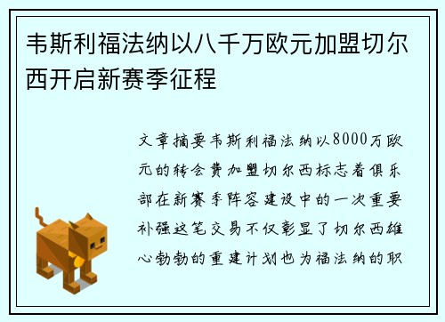 韦斯利福法纳以八千万欧元加盟切尔西开启新赛季征程