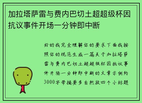 加拉塔萨雷与费内巴切土超超级杯因抗议事件开场一分钟即中断 加拉塔萨雷与费内巴切土超超级杯因抗议事件开场一分钟即中断